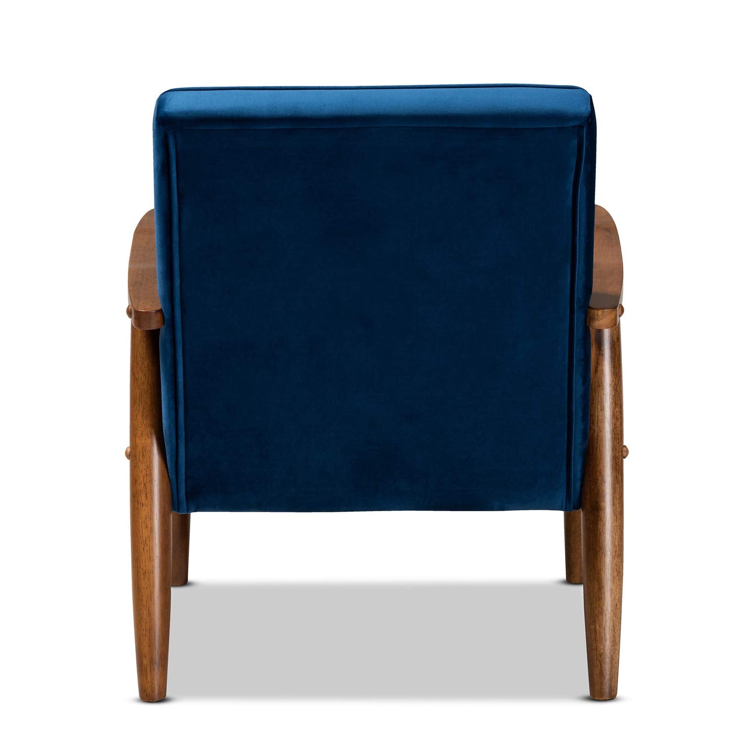 Baxton Studio Sorrento Mid-Century Modern Navy Blue Velvet Fabric Upholstered Walnut Finished Wooden Lounge Chair