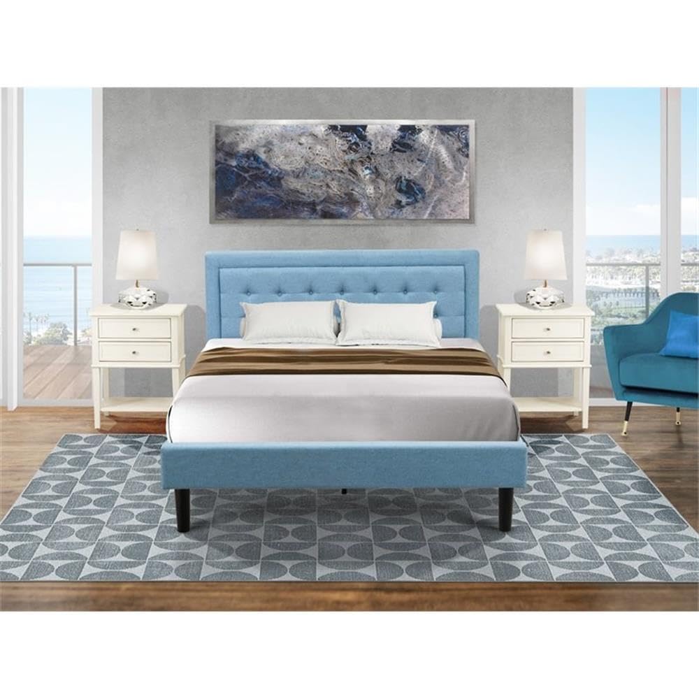 East West Furniture FN11Q-2VL0C 3-Piece Platform Wooden Set for Bedroom with 1 Queen Bedframe and 2 Modern Nightstands - Reliable and Sturdy Manufacturing - Denim Blue Linen Fabric