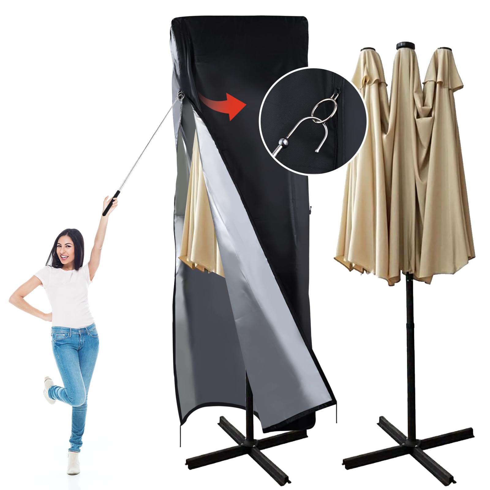 Patio Umbrella Parasol Cover,Umbrella Cover 420D Waterproof Outdoor Fits Double-Sided Umbrella 13-15 Ft,Large Umbrella Cover,Gar