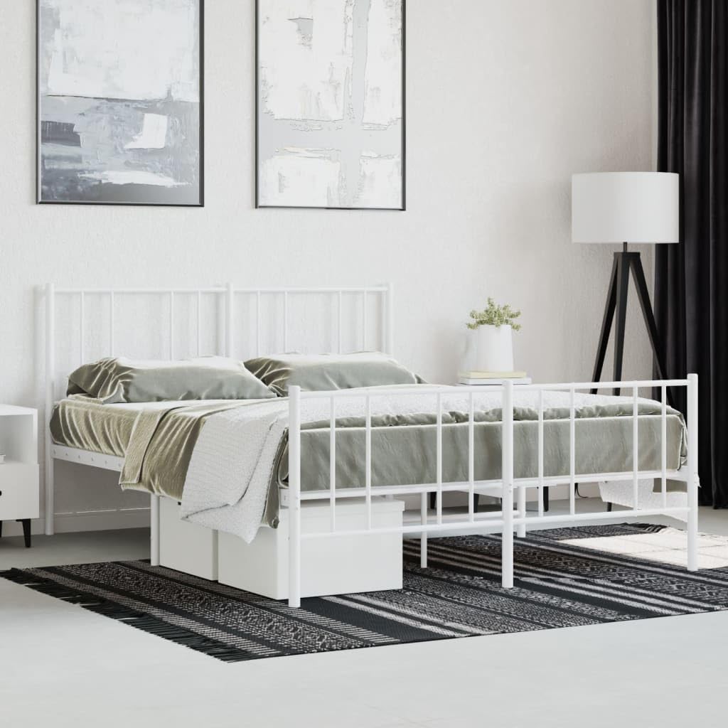 vidaXL Metal Bed Frame with Headboard and Footboard - Durable Powder-Coated Steel Construction - with Storage Space - Elegant White - 53.9&quot;x74.8&quot;