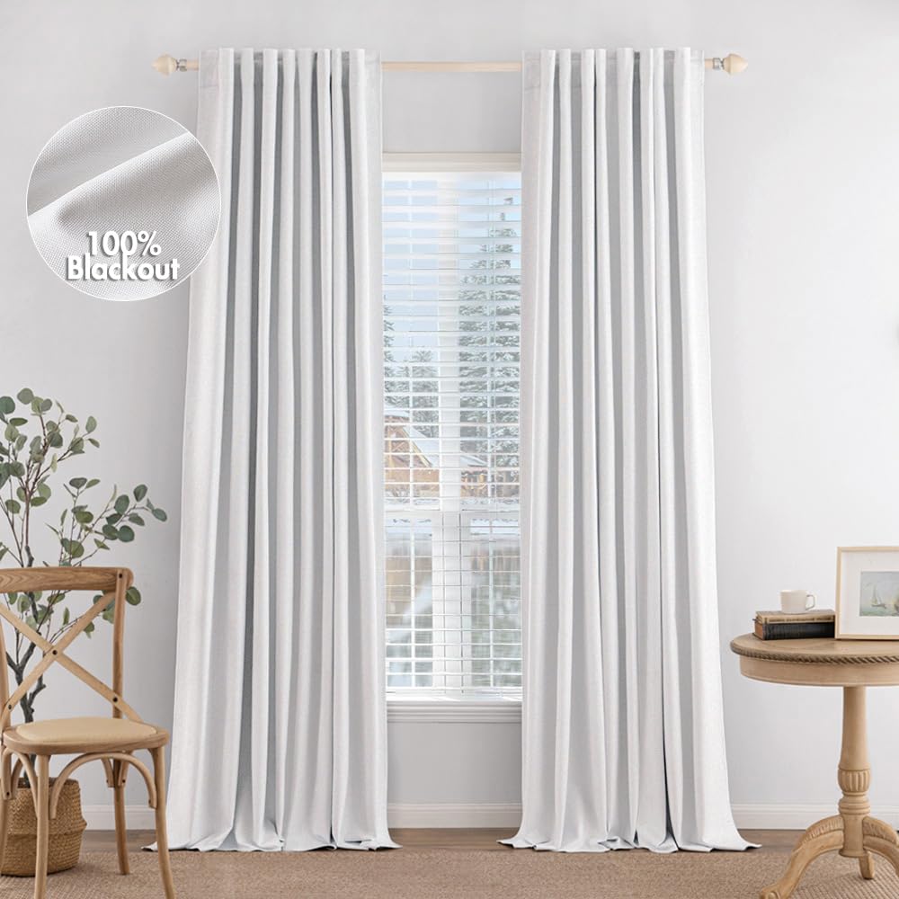 Miulee 100% Blackout Curtains 96 Inches Long Linen Curtains & Drapes For Bedroom Back Tab Living Room Darkening Full Black Out Window Curtain Panels Rod Pocket, White, 2 Panels Set