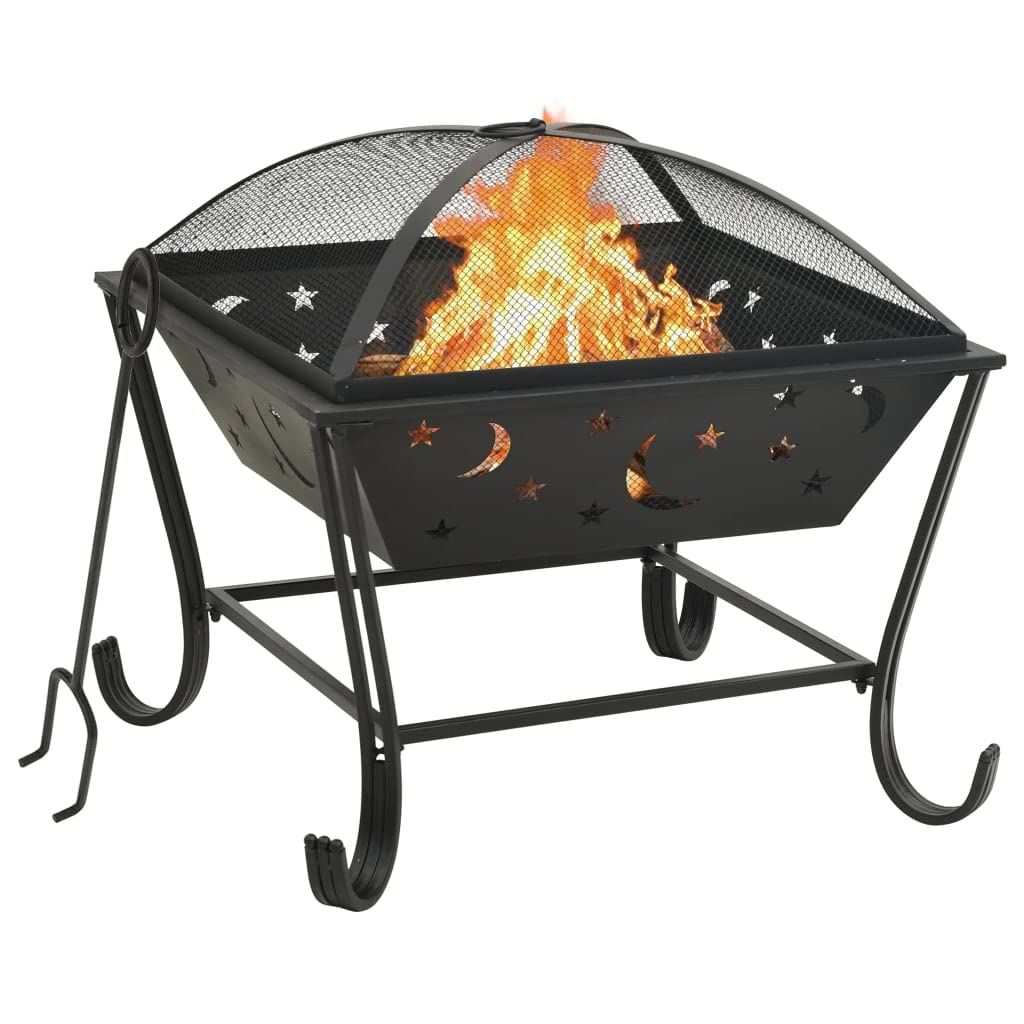Vidaxl Xxl Steel Fire Pit - Outdoor Warming Solution With Mesh Cover, Poker & Convenient Ring Handle For Carriage - Atmospheric