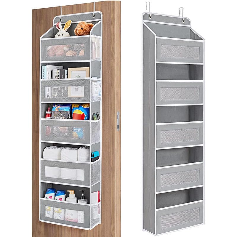 FUSHITON Over The Door Organizer with AntiTilt Design, 5 Shelf Hanging Grey Storage Rack Holds 44lb, Large Capacity Pockets for