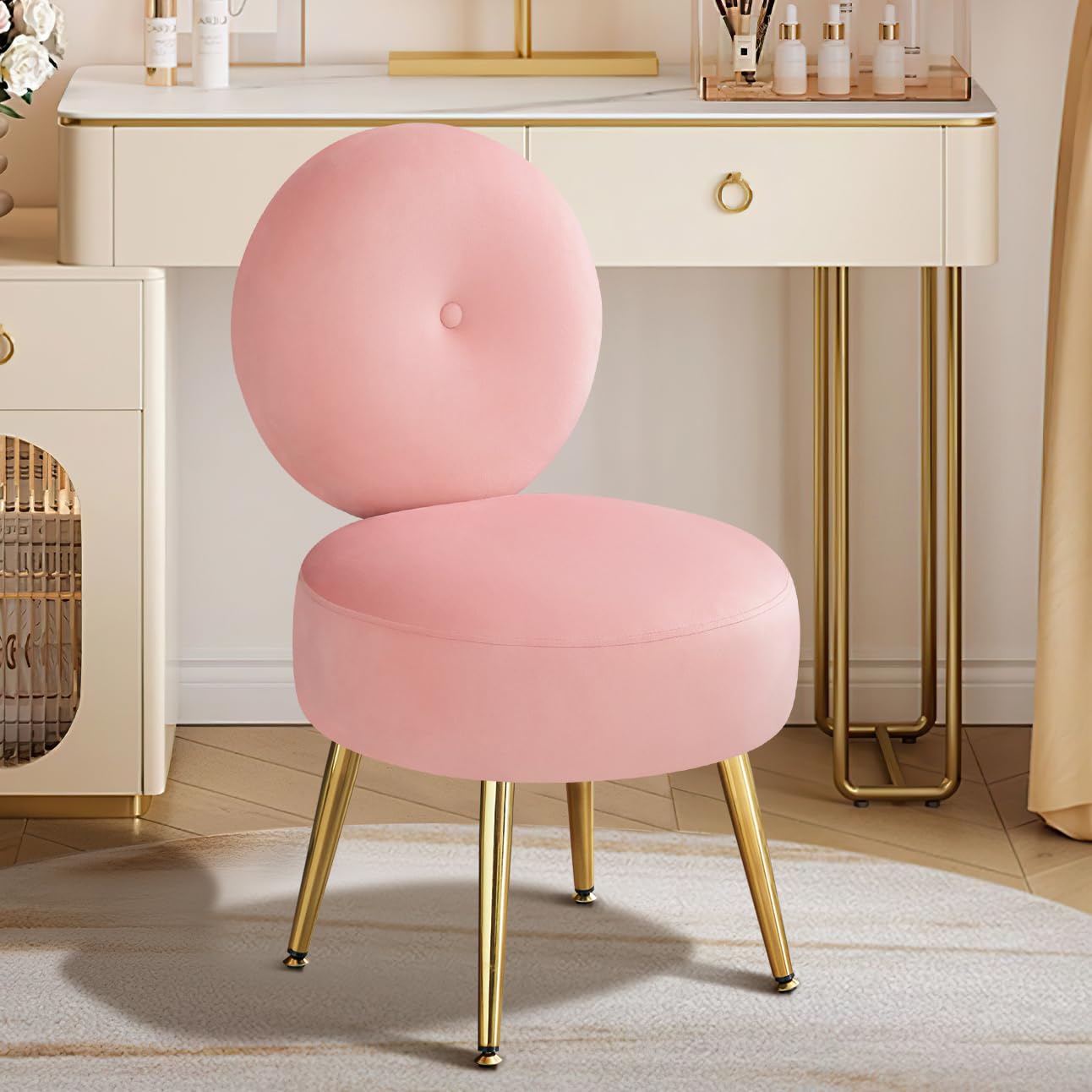 Furnimart Pink Vanity Stool Chair With Back, Cute Small Accent Chair Round Makeup Chair With Gold Legs For Vanity Bedroom Bathro