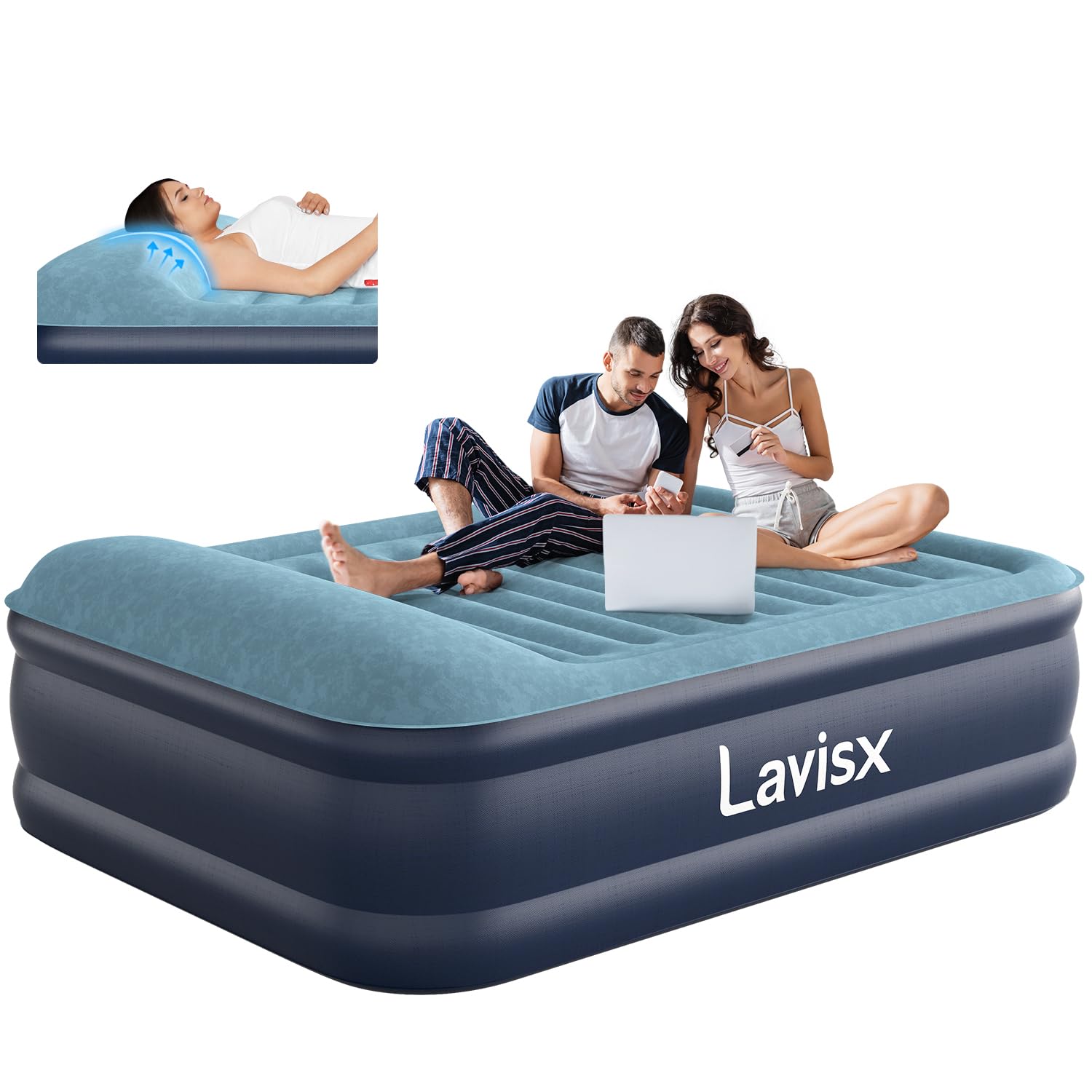 Lavisx Queen Air Mattress 20    Top Pillow With Built In Pump, 3 Mins Fast Inflation Auto Stop Luxury Blow Up Mattress Comfort A