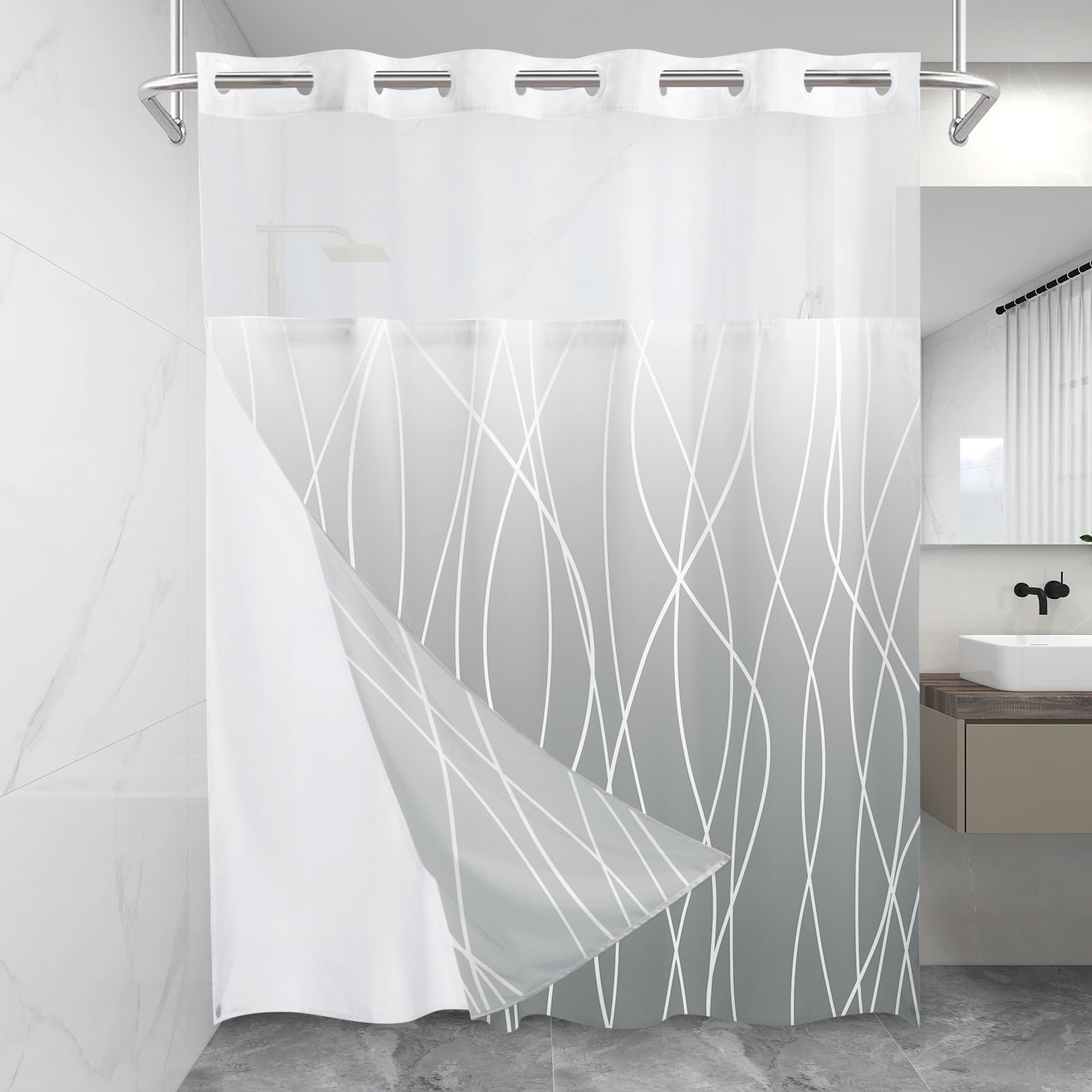 LXBNI No Hook Ombre Light Grey Striped Shower Curtain with Snap in Fabric Liner Set - Hotel Shower Curtain and Liner Set with Se