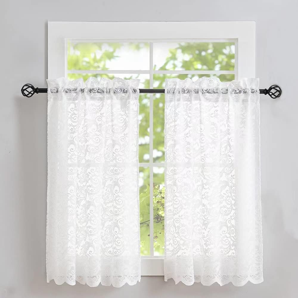 Aligogo Kitchen Window Curtains Over Sink Lace Cafe Curtains 30 Inch Length Privacy Mini Bathroom Curtains Window Short Scallope