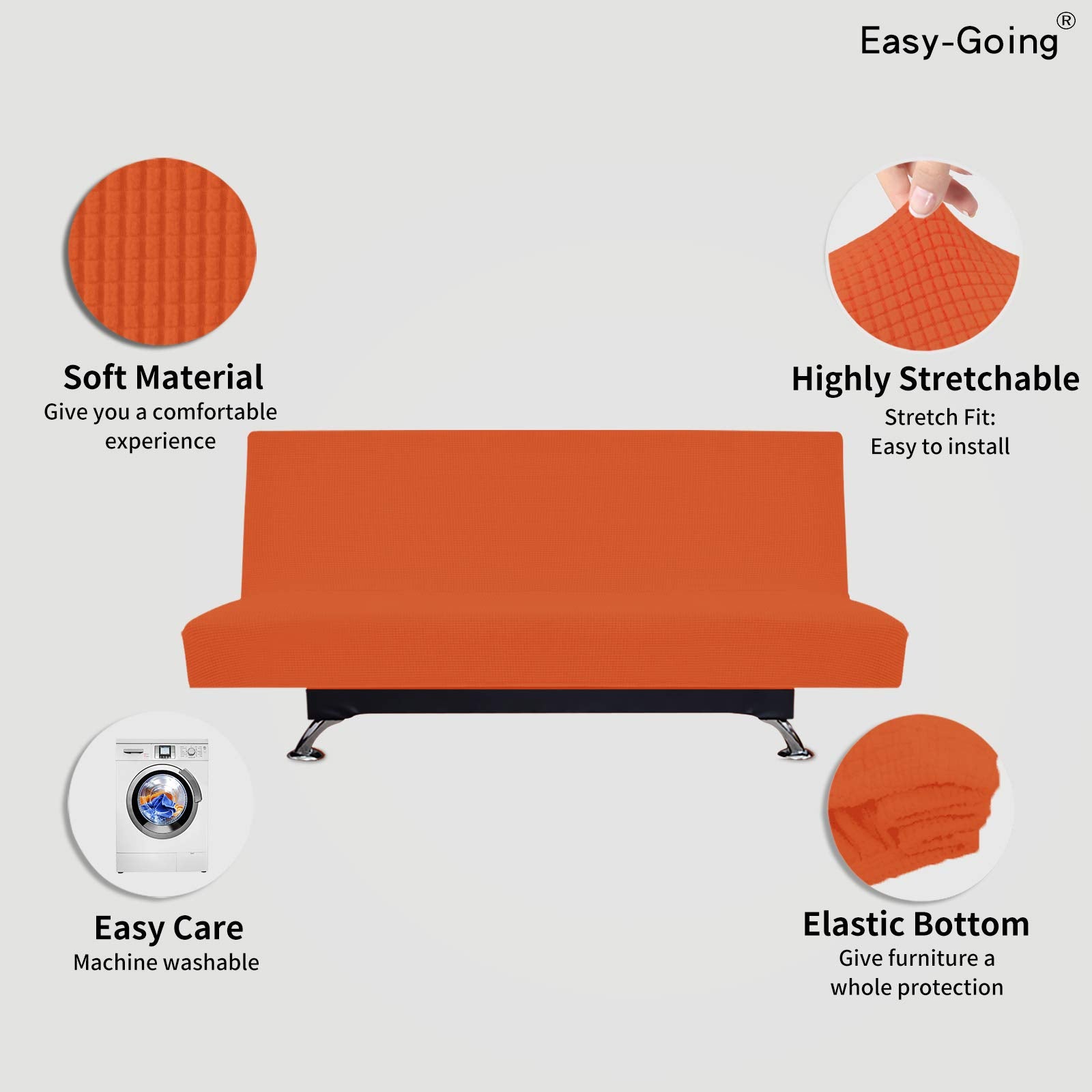 Easy-Going Stretch Futon Slipcover Armless Futon Bed Cover Furniture Protector Without Armrests With Elastic Bottom For Kids, Soft Jacquard Fabric Small Checks (Large, Orange)