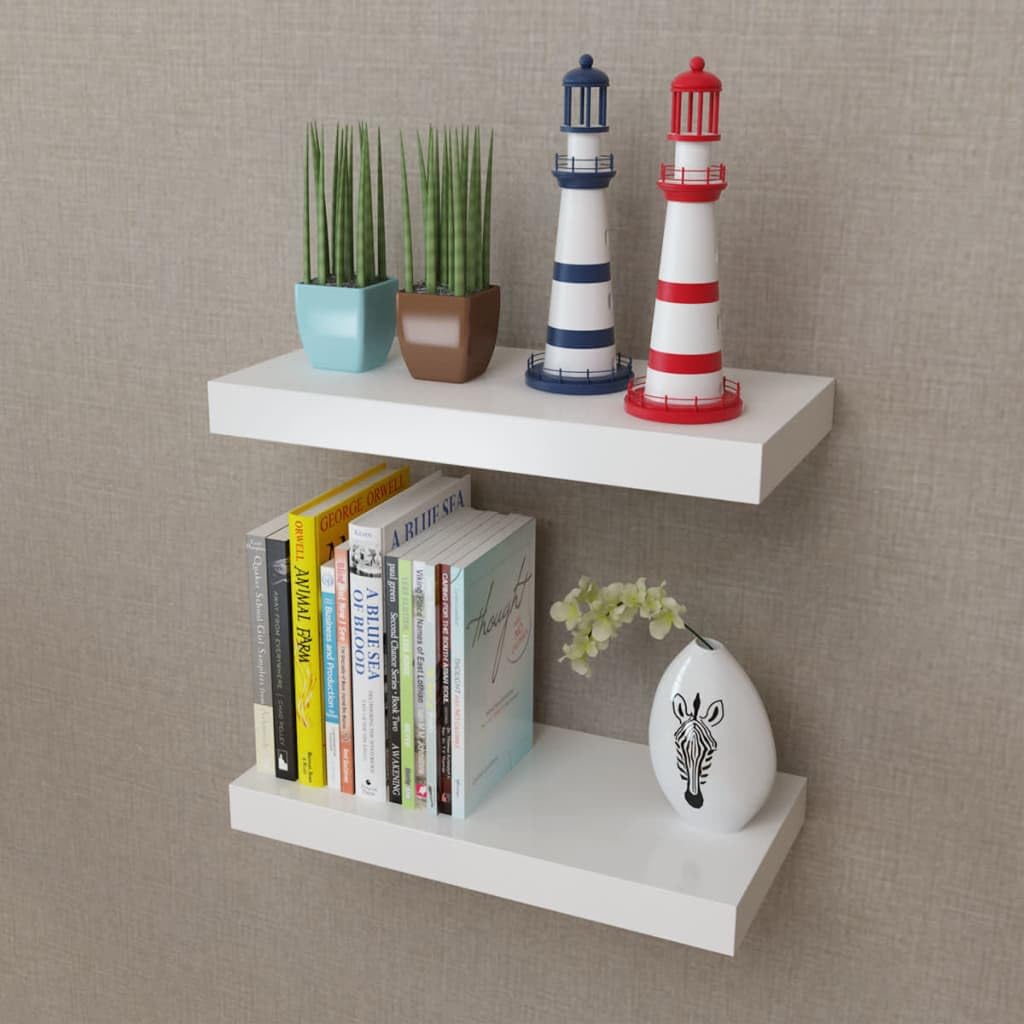 2 White MDF Floating Wall Display Shelves Book/DVD Storage