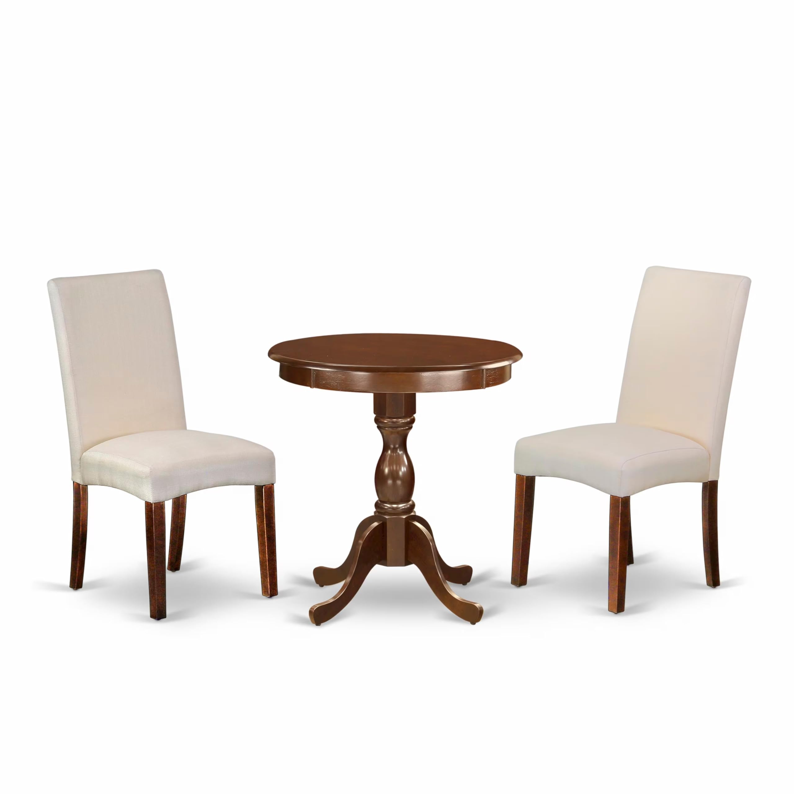 East West Furniture Esdr3-Mah-01 3 Piece Dining Room Table Set Contains A Round Dining Table With Pedestal And 2 Cream Linen Fabric Upholstered Parson Chairs, 30X30 Inch, Mahogany