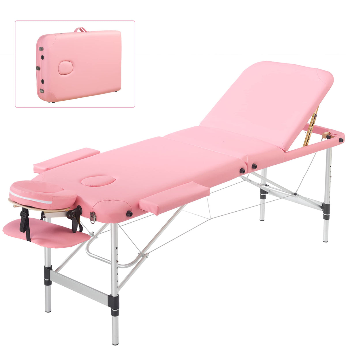 PrimeZone Pink Massage Table Portable - 3 Folding Aluminum Lash Bed with Carrying Case & Face Cradle for Eyelash Extensions, Spa