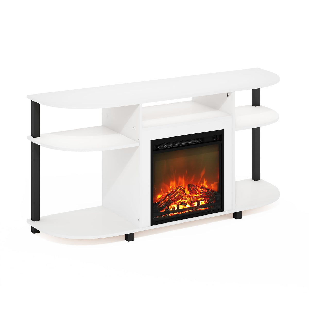 Furinno Jensen Open Storage Curved Entertainment Center Stand With Fireplace For Tv Up To 55 Inch, Solid White