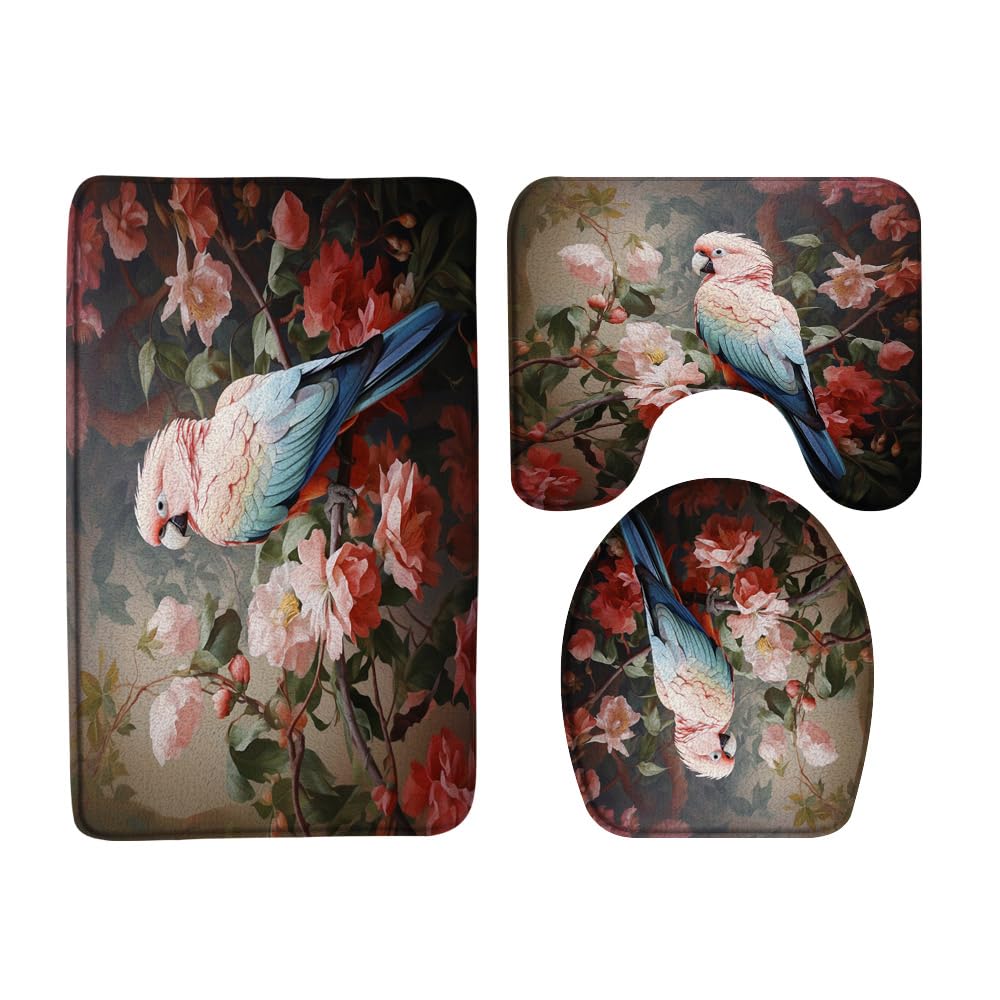 3PCS Bird Bath Mat Set Tropical Jungle Parrot on The Branch Pink Floral Green Leaves Natural Landscape Bathroom Kitchen Floor Ma