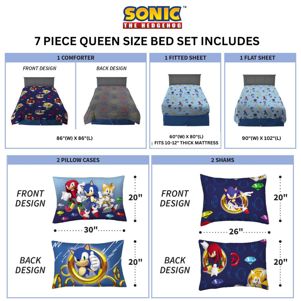 Franco Sonic the Hedgehog Kids Bedding Set, 7 Piece Queen Size, Super Soft Comforter and Sheet Set, Official Licensed Product