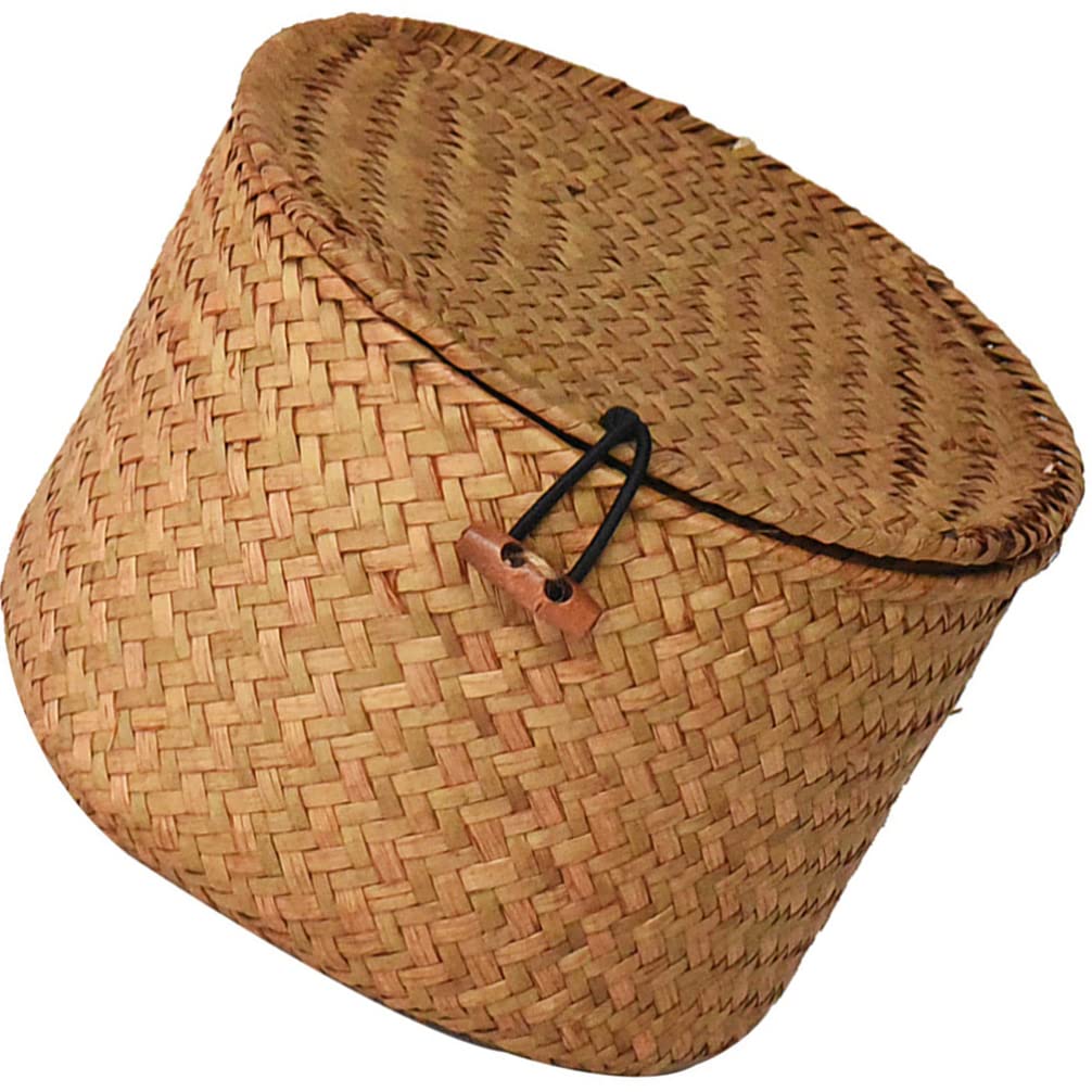 Decorative Wicker Storage Bins with Lids Woven Rattan Seagrass Storage Basket Round Household Organizer Boxes for Organizing She