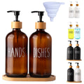 LOOCHICA Amber Glass Soap Dispenser Set with Tray, Amber Dish and Hand Soap Dispenser Set, Refillable Reusable Apothecary Soap P