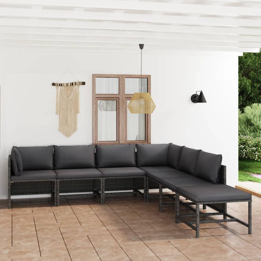 vidaXL Outdoor Patio Lounge Set, 7-Piece Poly Rattan Garden Furniture Set with Removable Cushions, Gray and Anthracite, Modular Arrangement with Convertible Footstool