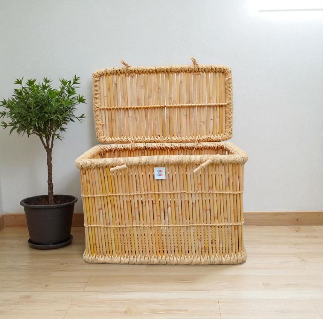SHIZA Stylish Handmade Bamboo Laundry Basket with Lid | EcoFriendly Large Storage Hamper for Clothes, Toys & Home Organization 