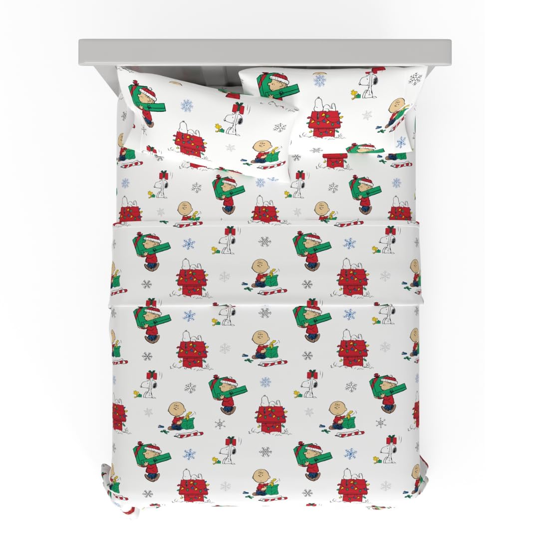 Franco Peanuts Charlie Brown Holiday & Christmas Bedding Super Soft 100% Cotton Flannel Sheet Set, Queen, (Official Licensed Pro