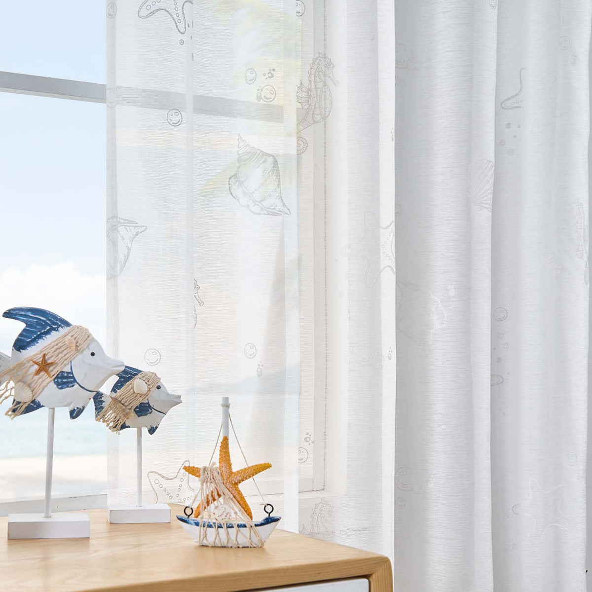 Jinchan White Sheer Curtains 84 Inches Long Nautical Coastal Starfish Seashell Pattern Curtains For Bedroom Beach House Window T