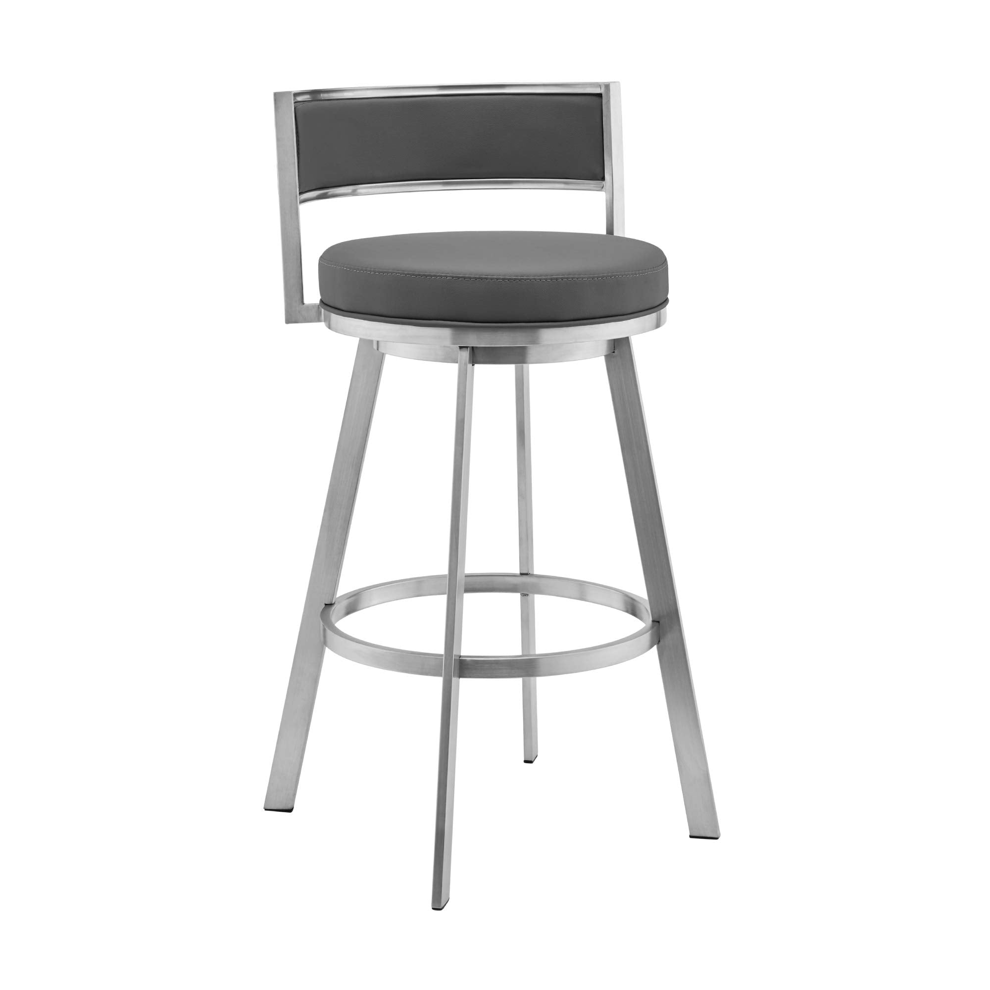 Armen Living Roman 26'' Gray Faux Leather and Brushed Stainless Steel Swivel Bar Stool