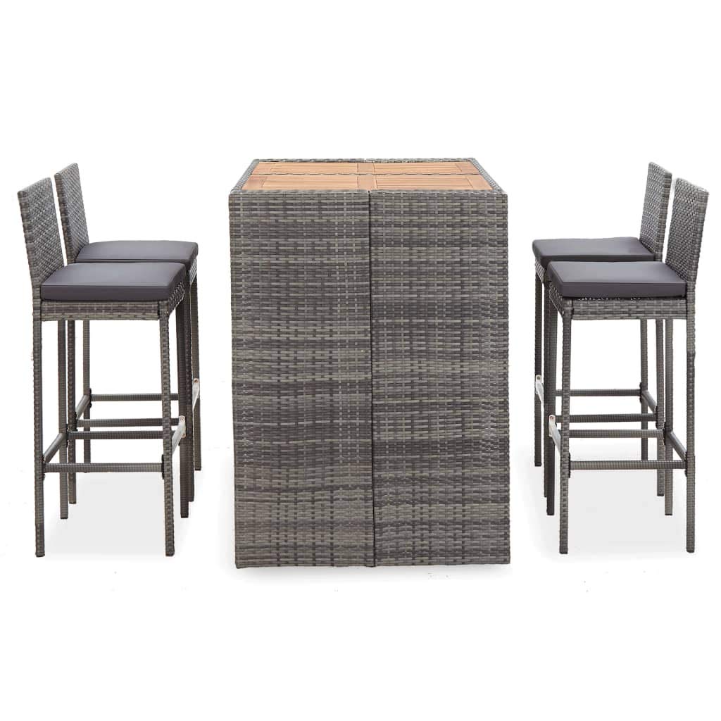 FAMIROSA 5 Piece Outdoor Bar Set Poly Rattan and Acacia Wood Gray