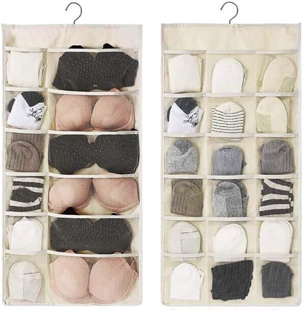 Big Buyer Fabric Brass Finish Double Sided 30 Pockets Clear Hanging Bag Socks Bra Underwear Rack Hanger Storage Organizer Wall H