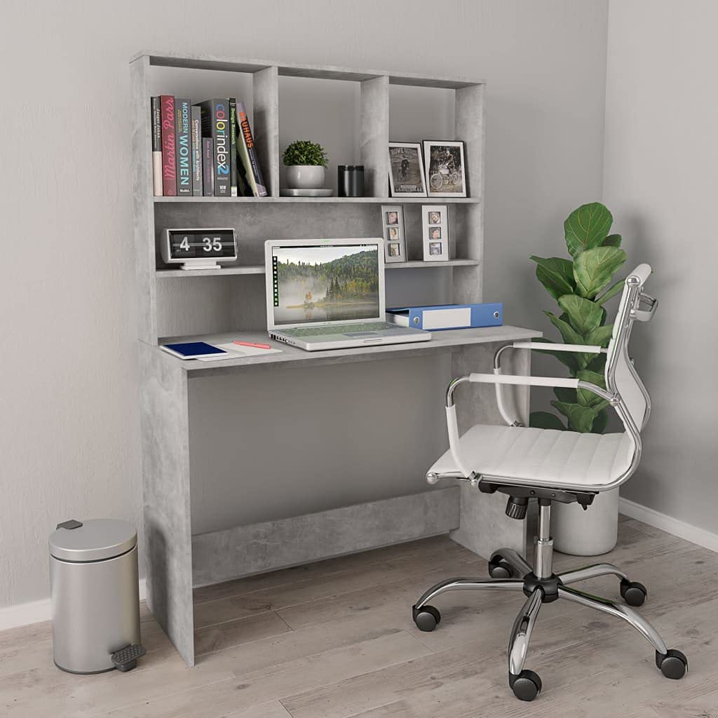 vidaXL Engineered Wood Desk with Shelves - Space-Saving Vertical Design - Concrete Gray - Ideal for Small Offices and Dorm Spaces - Size: 43.3"x17.7"x61.8"