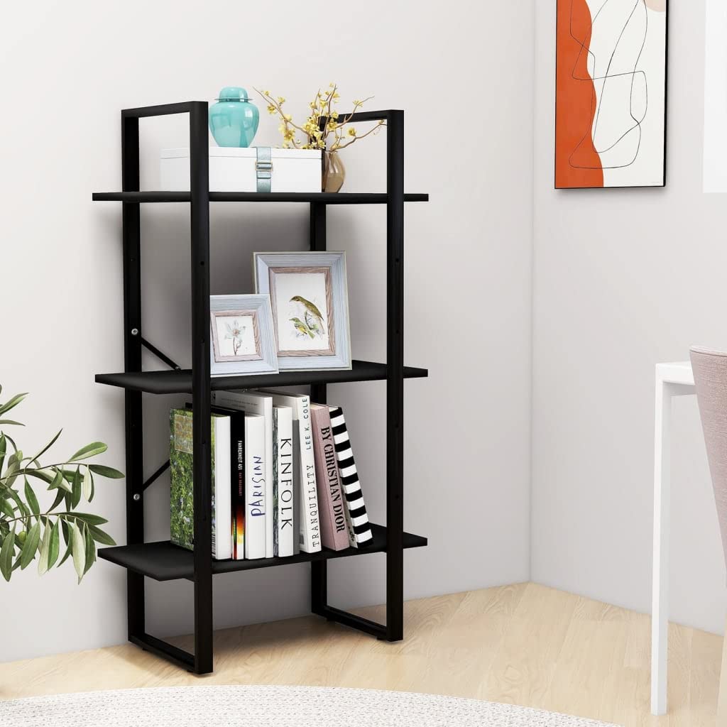 vidaXL Engineered Wood Storage Shelf – Metal and Wood Freestanding Bookshelf/Display Stand – Spacious Shelving Unit for Home, Office, Workshop – Sturdy Black Storage Rack