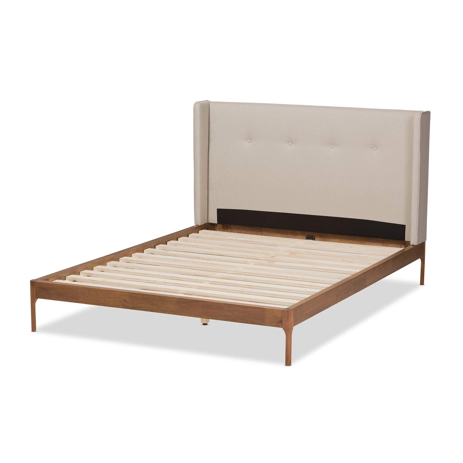 Baxton Studio Brooklyn Mid-Century Modern Walnut Wood Beige Fabric Full Size Platform Bed/Light Beige/Mid-Century/Fabric Polyester 100%&quot;/Mdf/Lvl/Rubber Wood/Foam