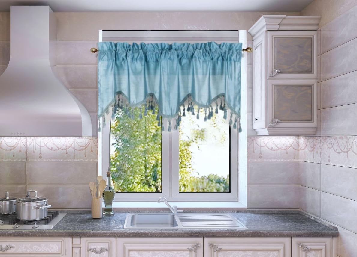 Solid Faux Silk Swag Waterfall Cascade Ascot Window Curtain Valance W/Tassels Trim 55' X18' Wave (1, Light Blue)