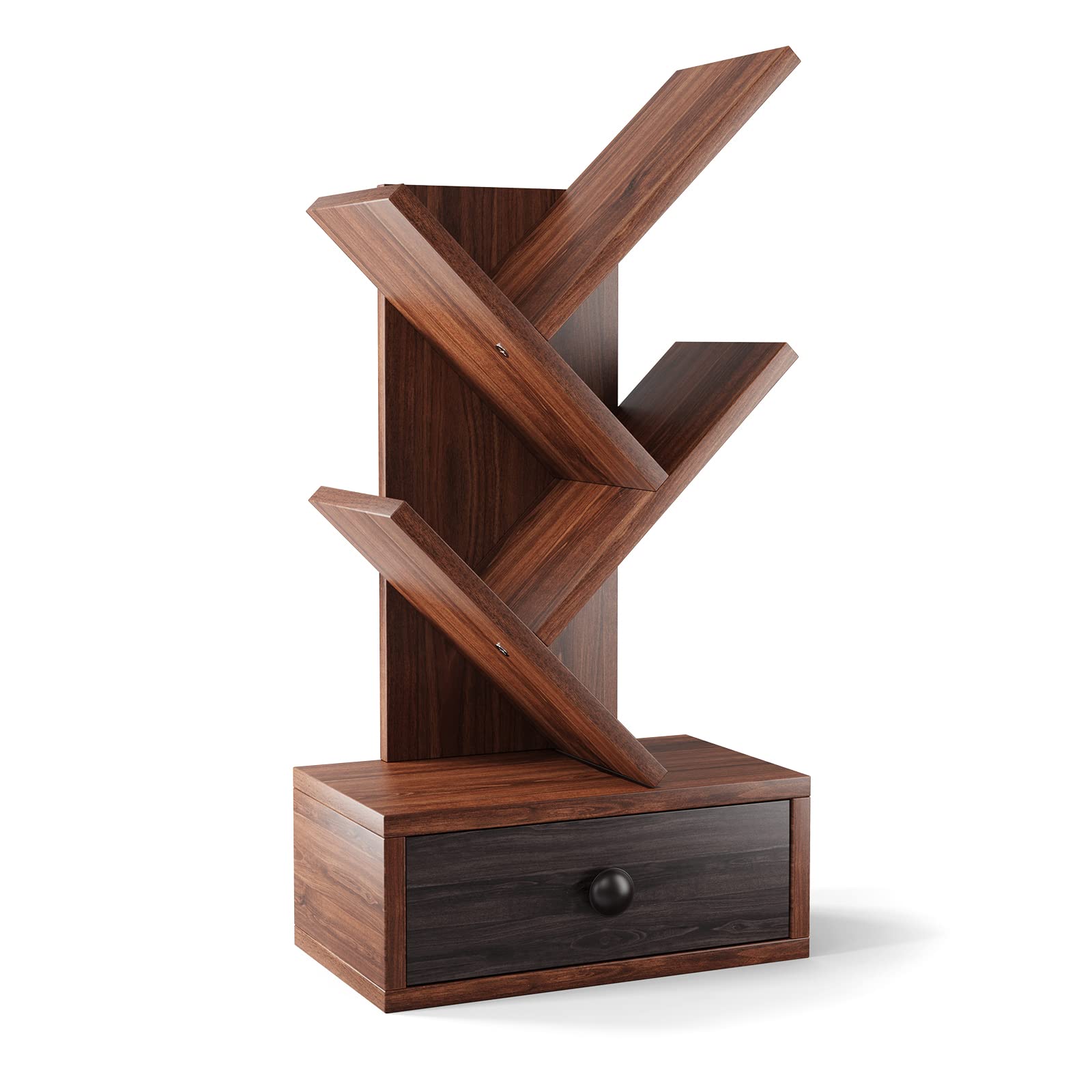 Giantex 5-Tier Tree Bookshelf With Drawer - Freestanding Retro Small Book Storage Rack For Small Place, Kids Room Wooden Decorative Bookcase With Storage For Cds, Magazines, Books, Brown