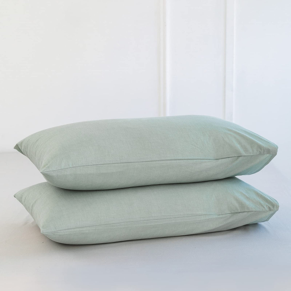 Moomee Bedding Pillowcases Pack Of 2 100% Washed Cotton Linen Like Textured Breathable Durable Soft Comfy (Sage Green, Queen)