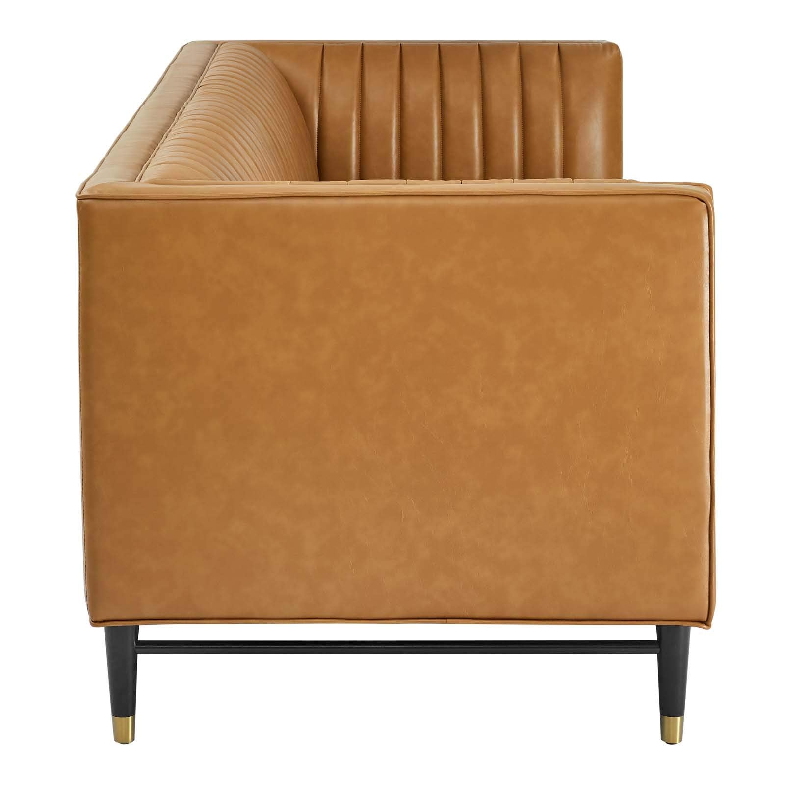 Modway Devote Tan Vegan Leather Sofa - Channel Tufted Design, Stylish Small Sofa for Living Room, Modern Home Furniture