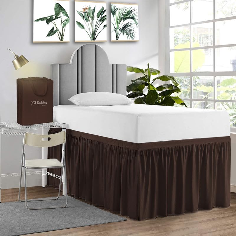 Sgi Bedding Dorm Bed Skirt Twin Xl 50 Inch Drop Length - Chocolate, Ruffled Pattern College Dorm Room Bed Skirts - Split Corner,