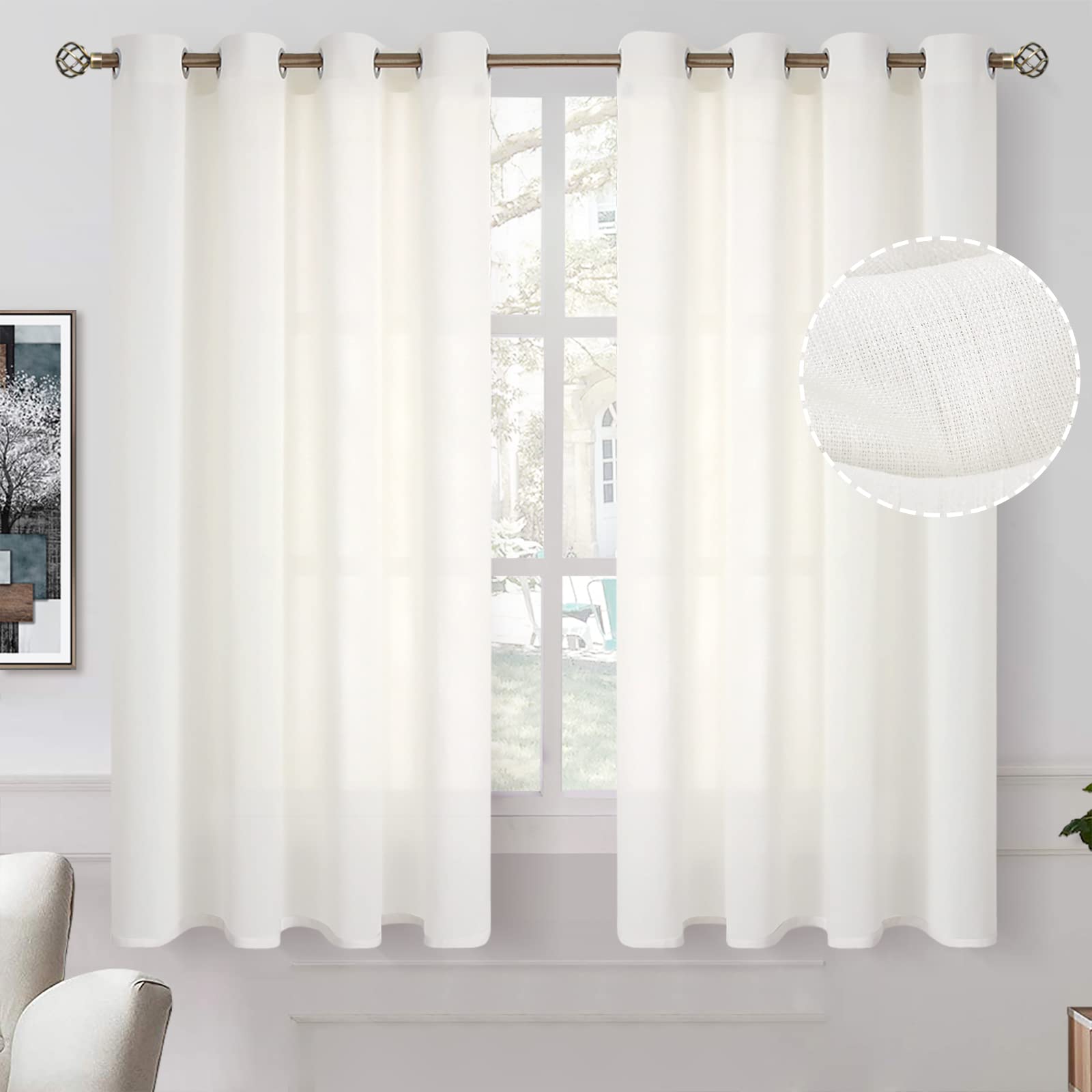 Bgment 54 Inch Length Cream Sheer Curtains 2 Panels Set For Bedroom, Grommet Light Filtering Casual Textured Privacy Semi Sheer