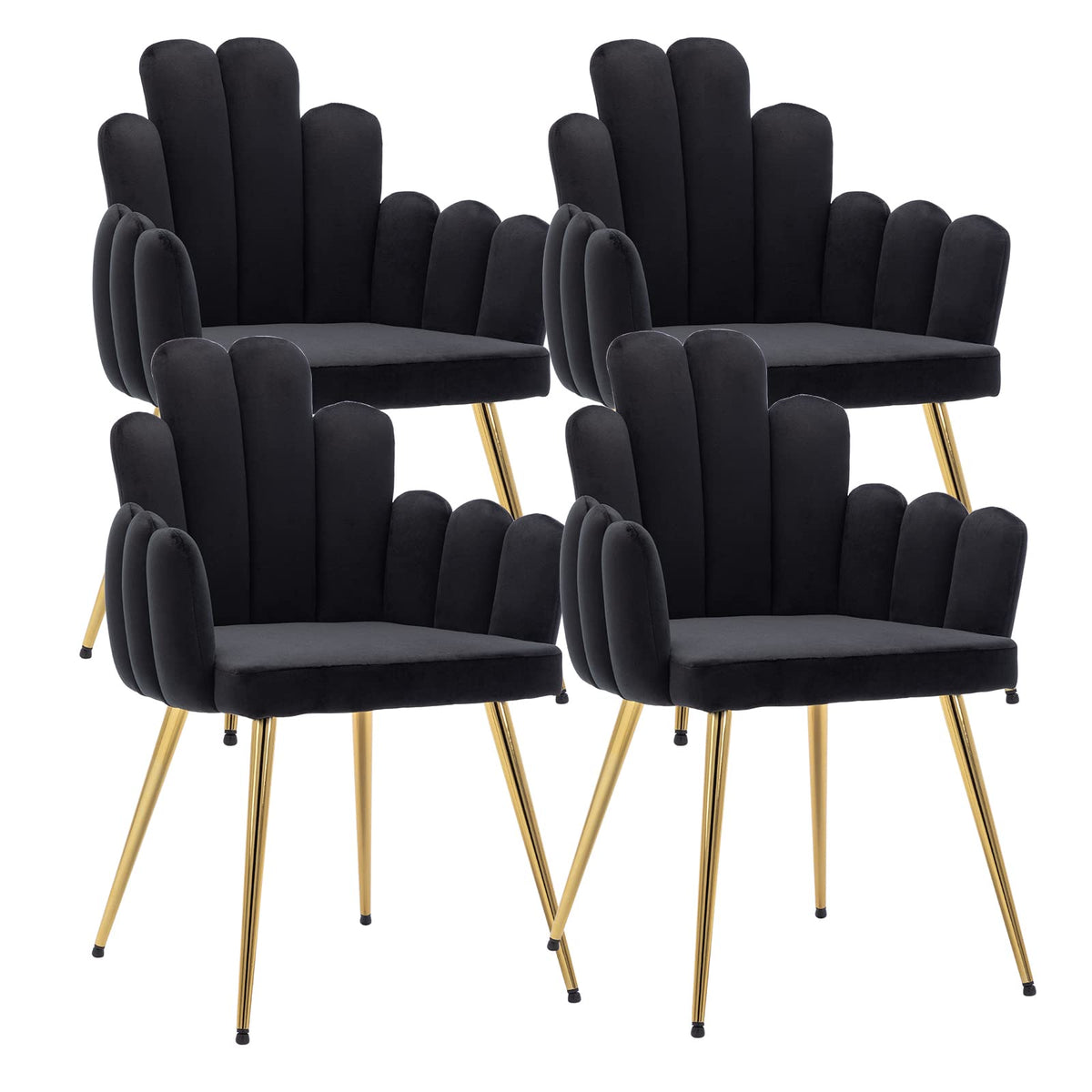 Wahson Velvet Dining Chairs Set Of 4 Elegant Living Room Leisure Chairs With Design Backrest, Modern Kitchen Chairs With Golden Legs For Living Room/Home, Black