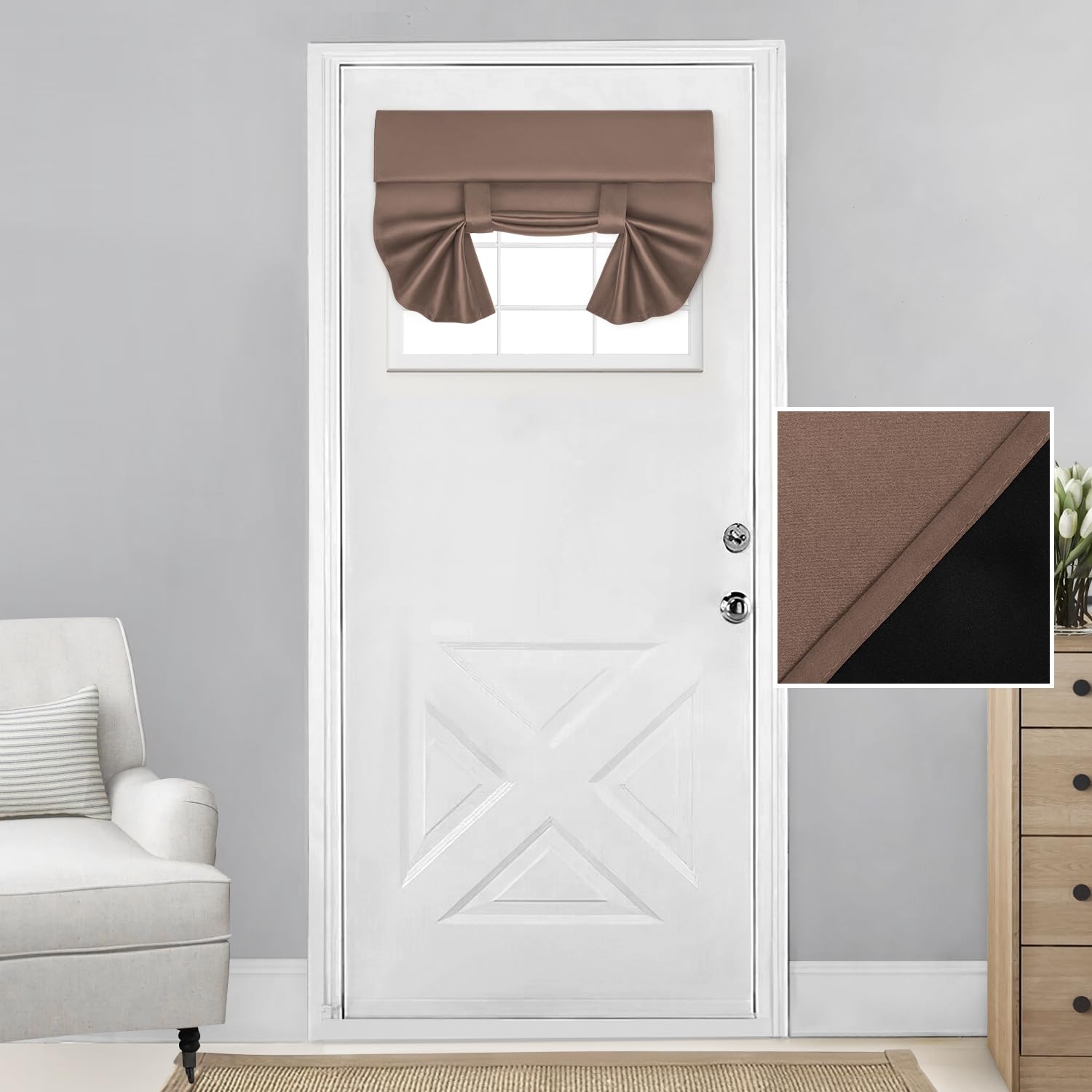 Homeideas 100% Blackout French Door Curtains, Privacy Small Door Curtains For Door Window, 26 X 12 Inch Door Shades For Front Door, Thermal Insulated Door Window Covering, (1 Panel, Coffee)