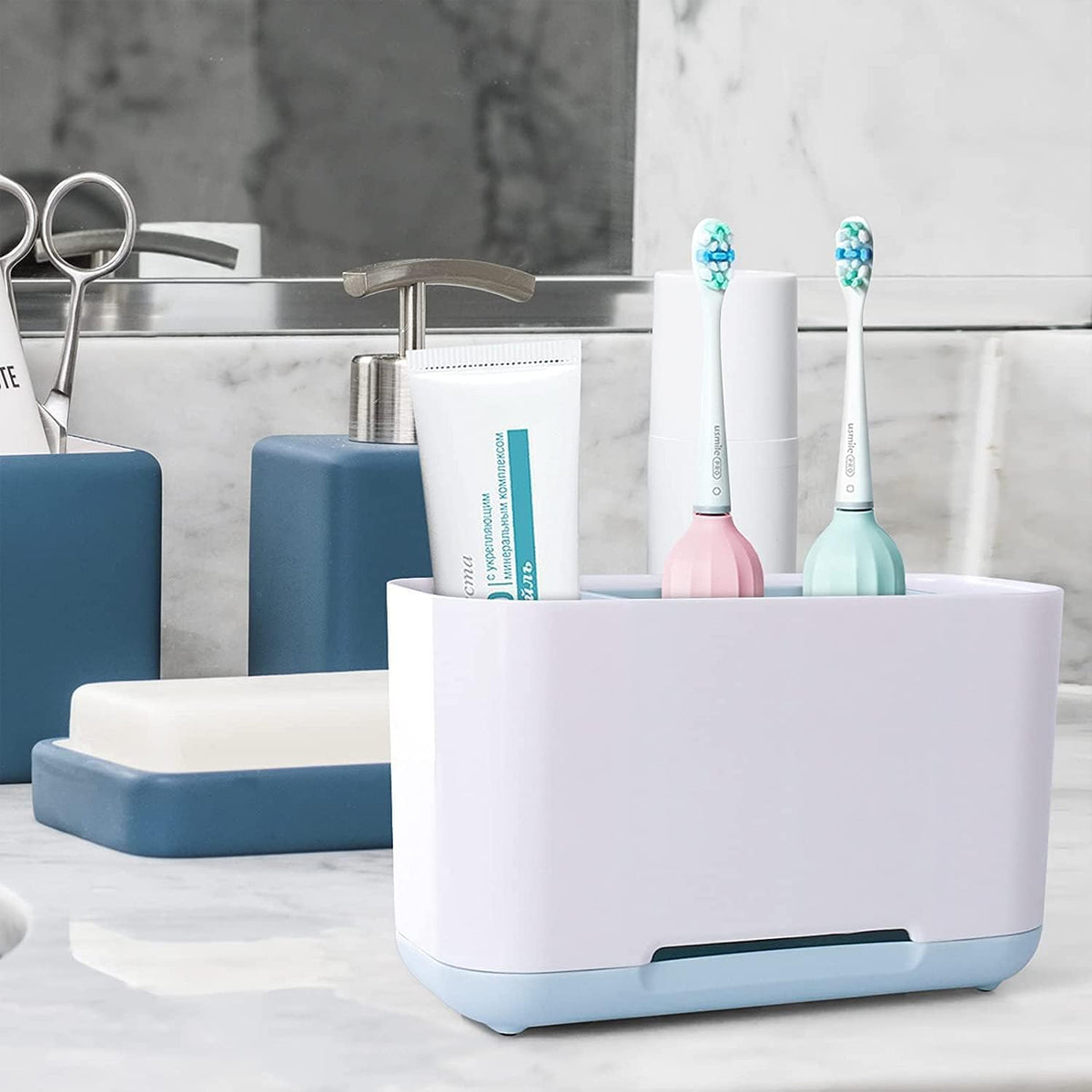 UCRAVO Plastic Toothbrush Holders for Bathroom, Multipurpose Storage Holder Stand for Bathroom Toothbrush Tongue Cleaner Soap Co