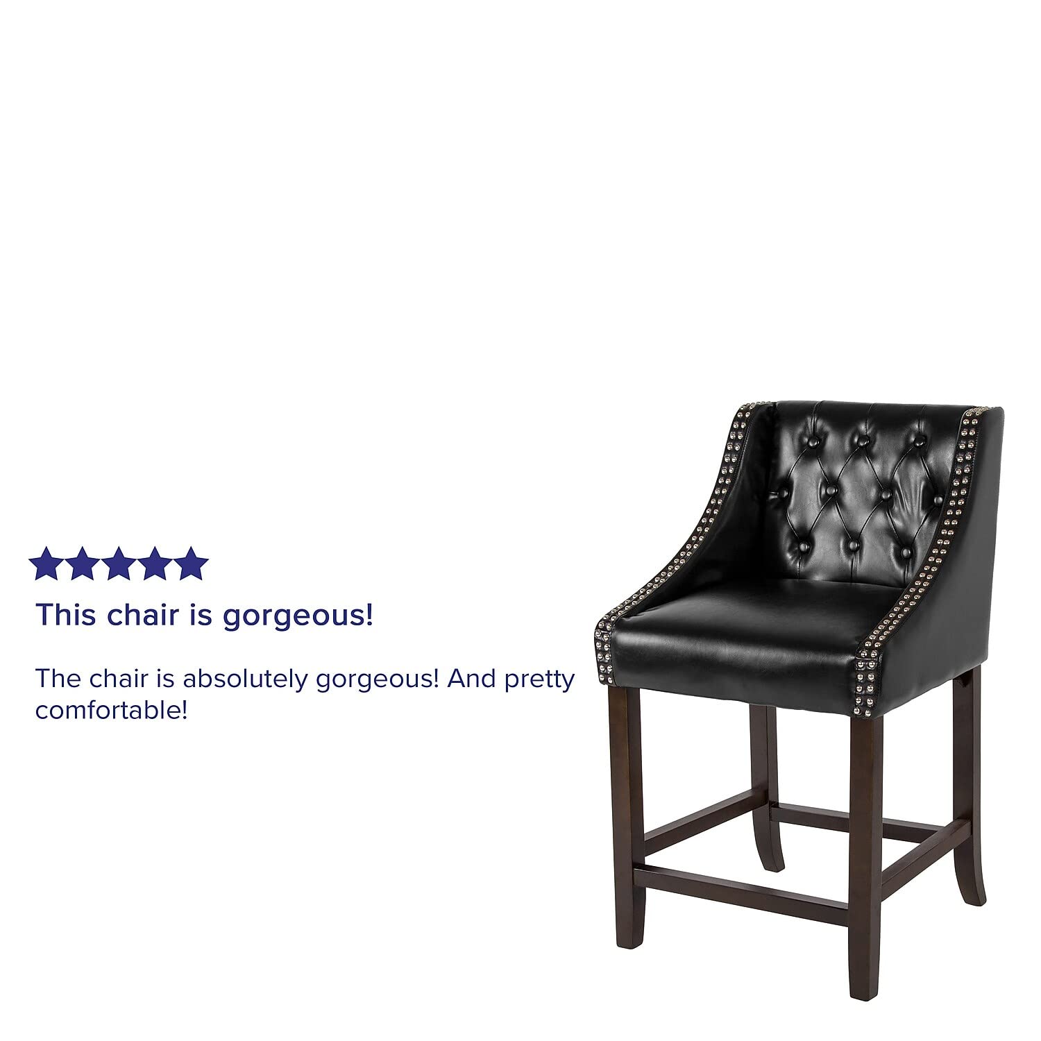 Flash Furniture Carmel Series 24&quot; High Transitional Tufted Walnut Counter Height Stool With Accent Nail Trim In Black Leathersoft