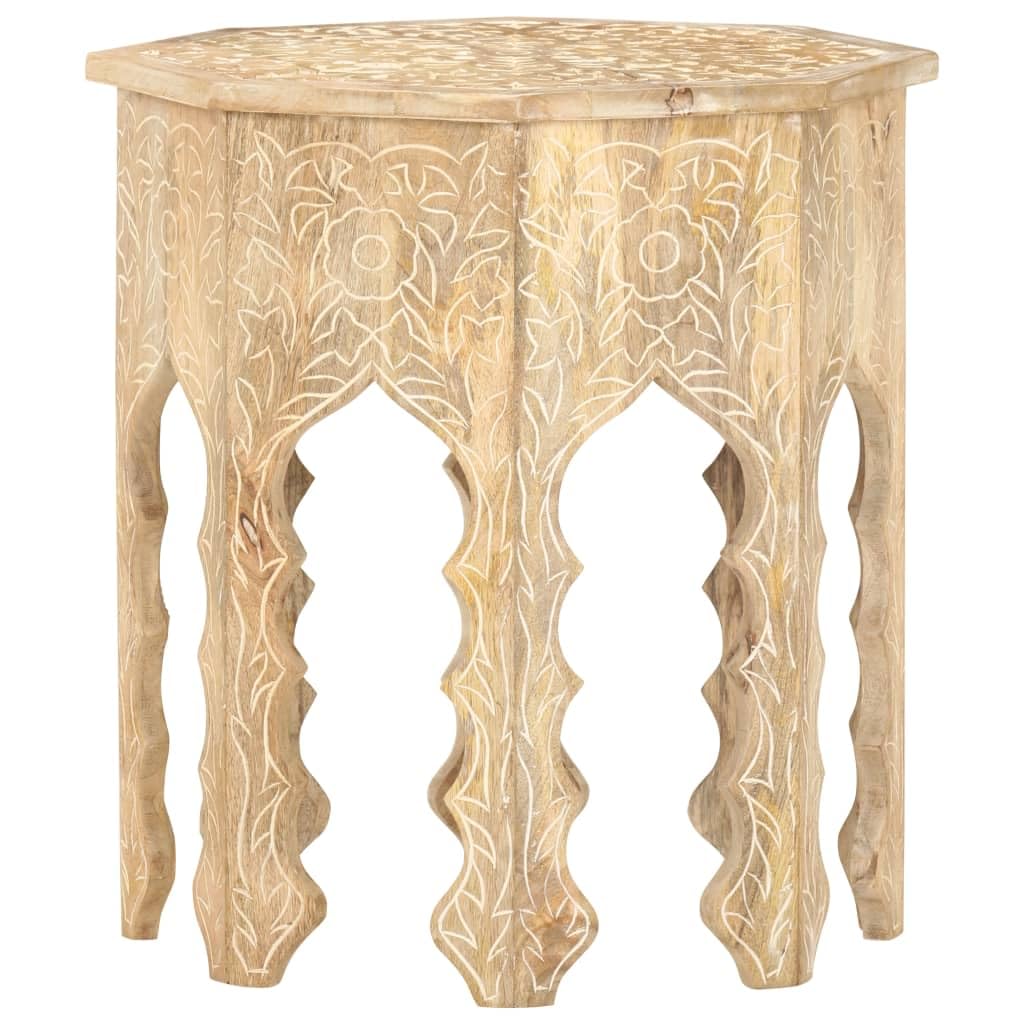 vidaXL Bohemian-Style Side Table in Solid Mango Wood with Hand-Carved Design, Round Wooden Side Accent Table, 18.9" Diameter, No Assembly Required