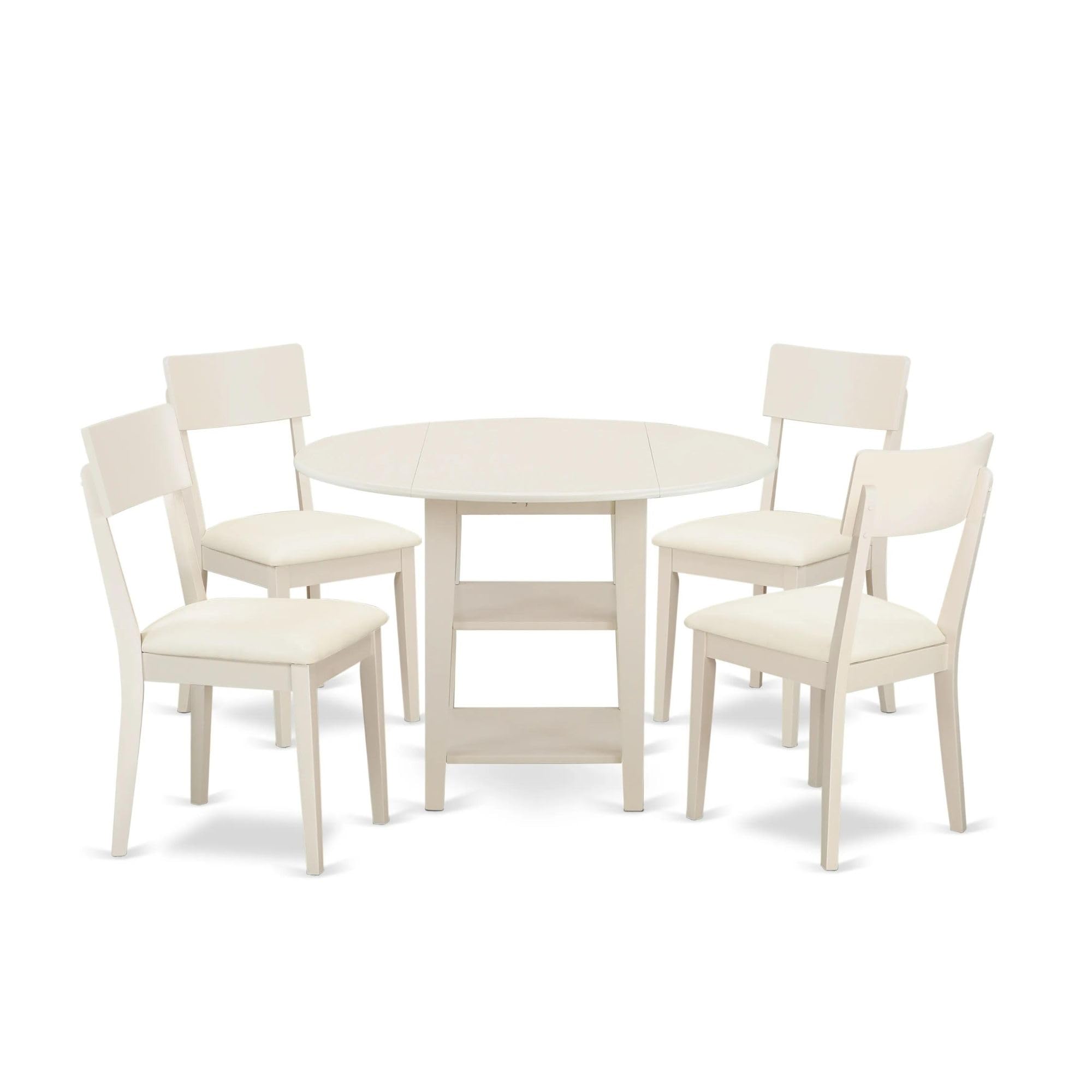 East West Furniture Suad5-Lwh-Lc 5 Piece Dining Room Furniture Set Includes A Round Kitchen Table With Dropleaf & Shelves And 4 Faux Leather Upholstered Chairs, 42X42 Inch, Linen White