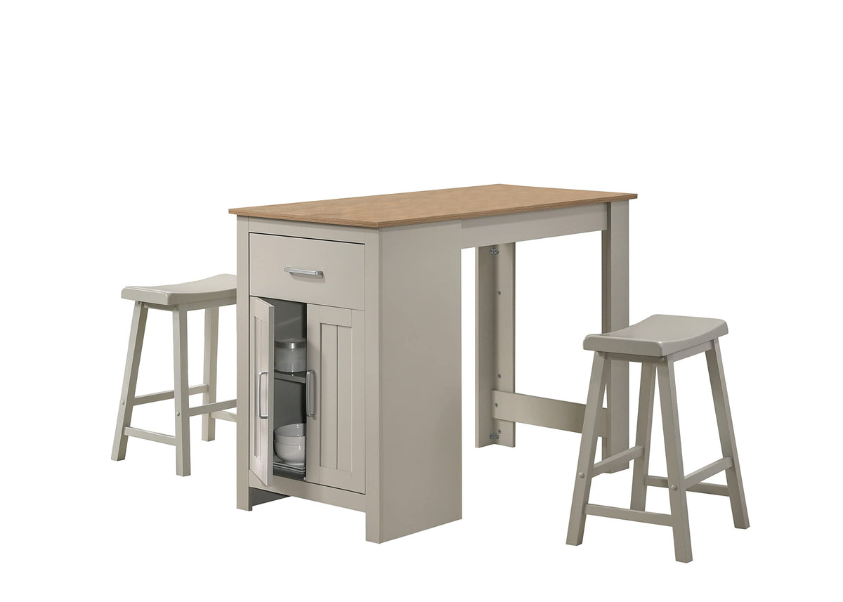 Lilola Home Alonzo Light Gray Small Space Counter Height Dining Table with Cabinet, Drawer, and 2 Ergonomic Counter Stools