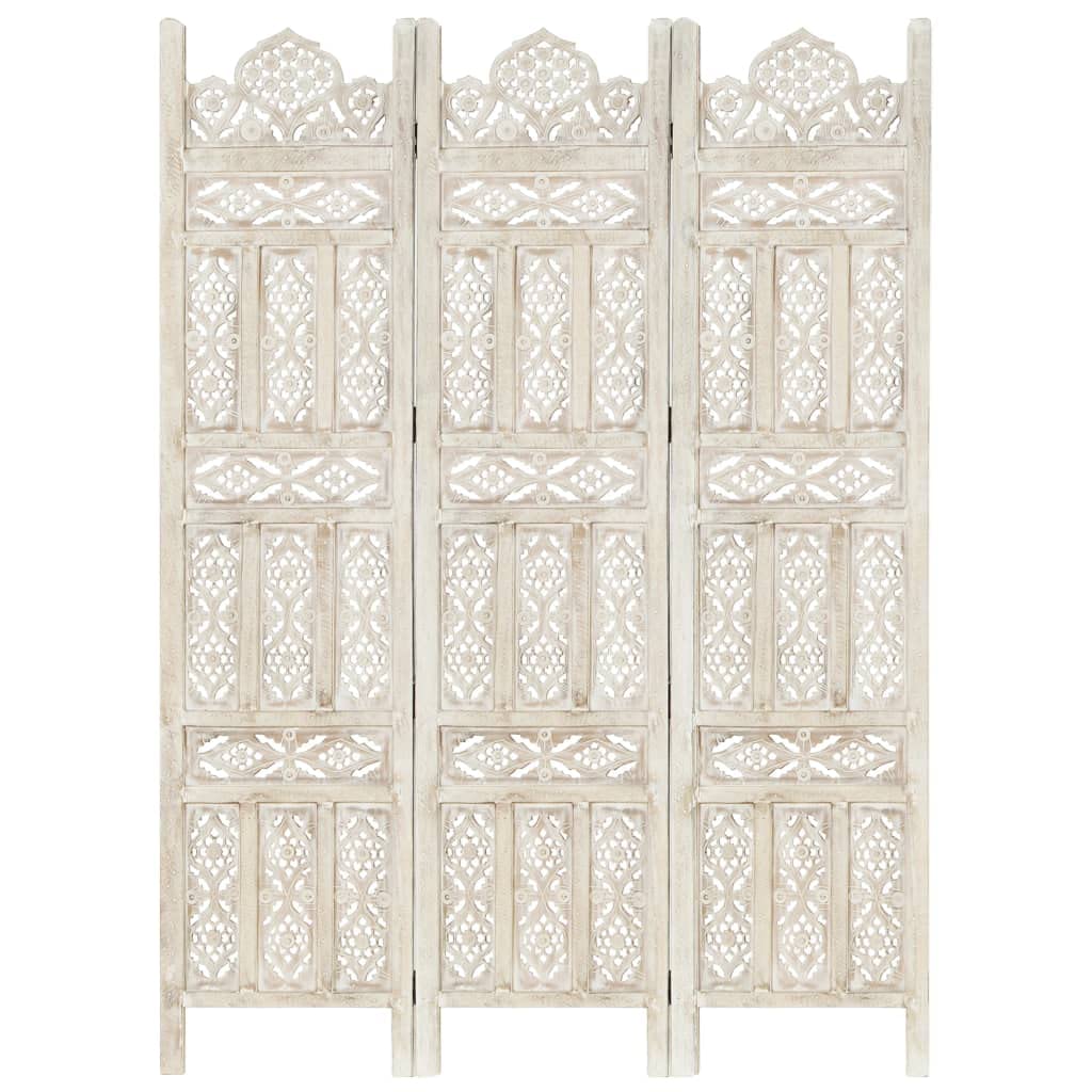 vidaXL 3-Panel Room Divider, Hand Carved Solid Mango Wood, Classic White Wash Finish, Versatile Privacy Screen for Bedrooms and Living Areas - 47.2x65