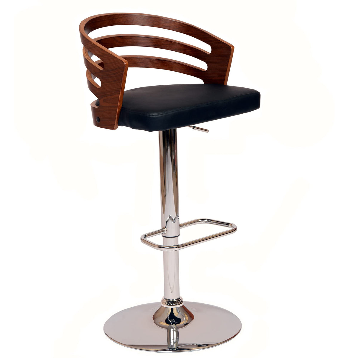 HomeRoots Chrome Metal, Walnut Vaneer, Leatherette Black Faux Leather Walnut and Chrome Adjustable Swivel Bar Stool