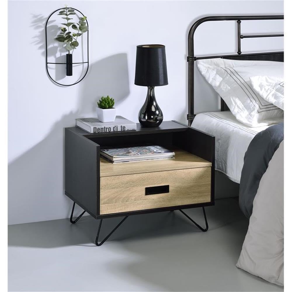 Acme Melkree Wooden Accent Table With Storage Drawer In Oak And Black