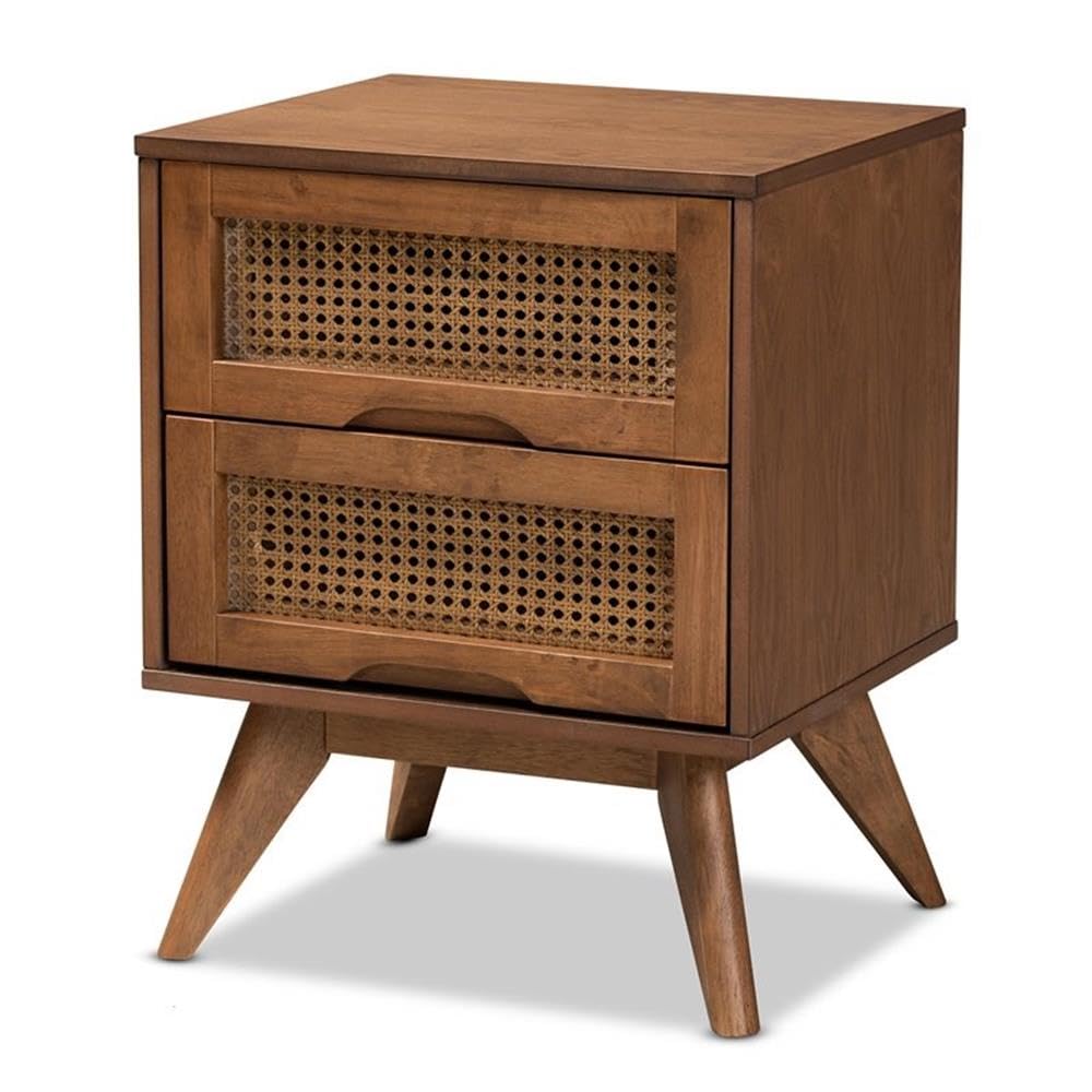 Baxton Studio Barrett Mid-Century Modern Walnut Brown Finished Wood and Synthetic Rattan 2-Drawer Nightstand