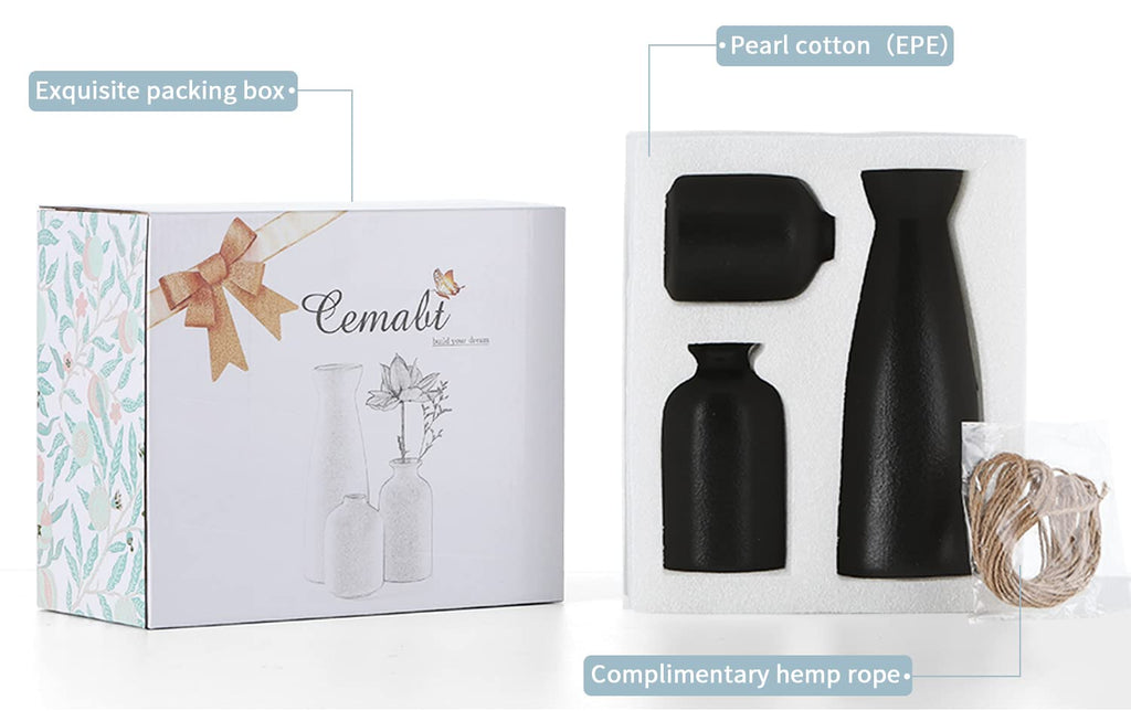 Cemabt Black Ceramic Vase Set-3 Small Flower Vases For Decor,Modern Boho Farmhouse Home Decor,Decorative Vase For Pampas Grass&D