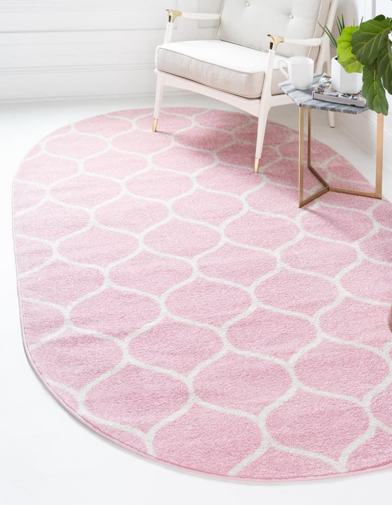 Unique Loom Trellis Frieze Collection Area Rug - Rounded (4' X 6' Oval, Light Pink/ Ivory)