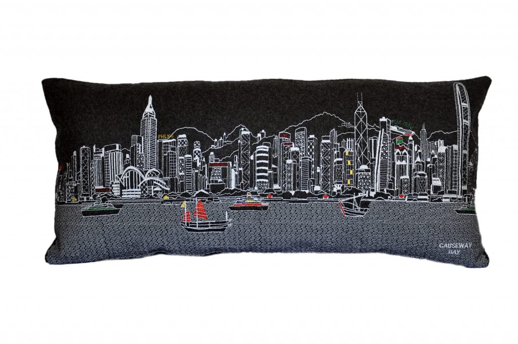 HomeRoots Grey 35' Black Hong Kong Nighttime Skyline Lumbar Decorative Pillow